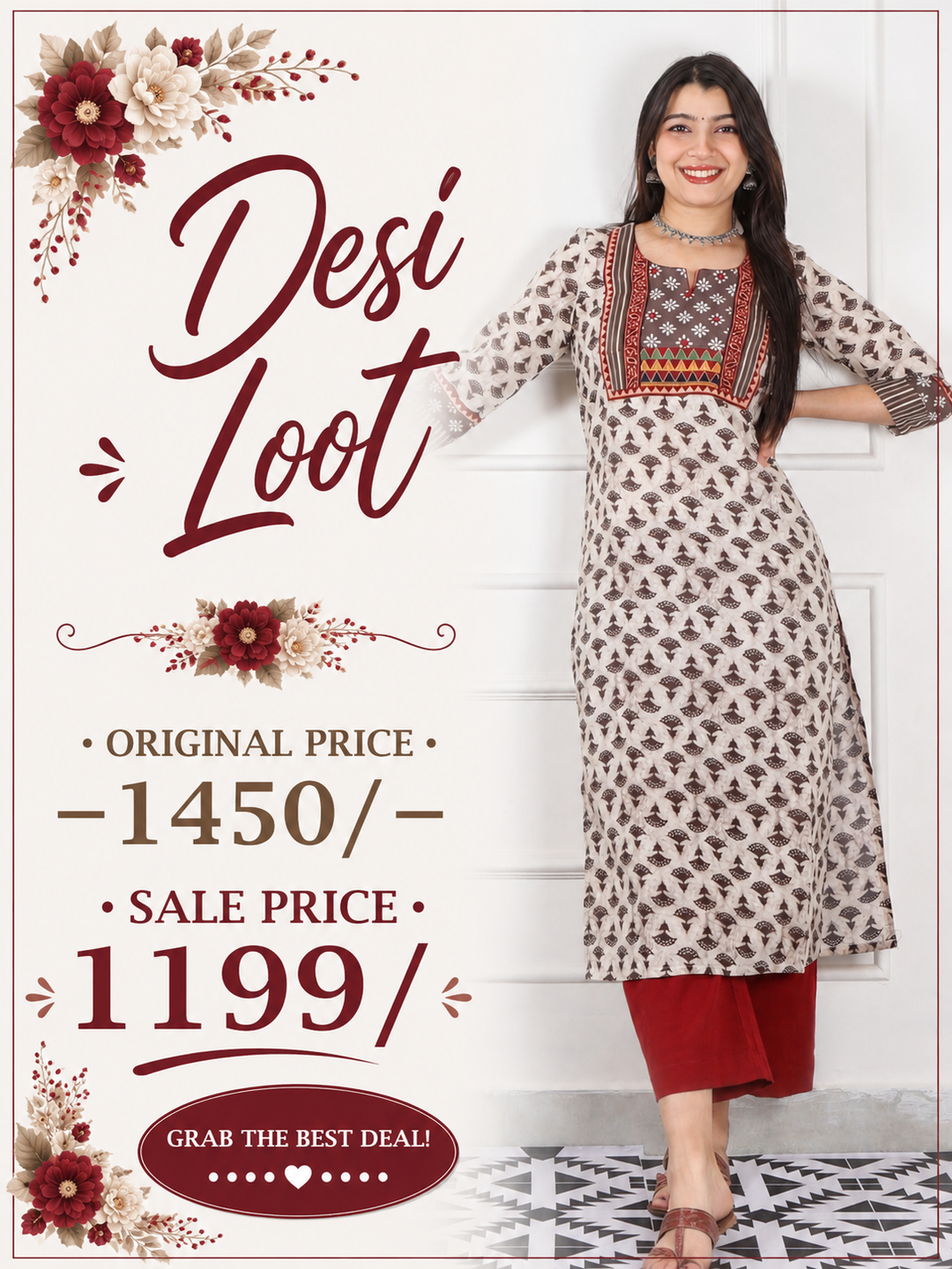 Ruhaniyaat Latte Beige Mirror with Kutch Fusion Work Cotton Kurti-D1