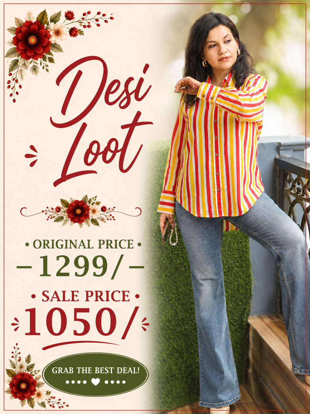 Leher Red Yellow Leheriya Print Wood Button Cotton Shirt