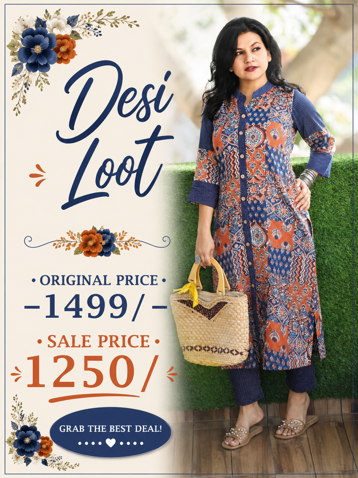 Manara Navy Blue Ban Collar with Ajrak Patches Kantha Button Down Work Cotton Kurti
