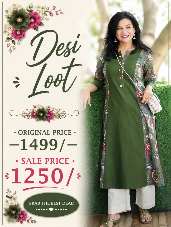 Khushi Forest Green Button Work Round Neck Floral Printed Panel Cotton Kurti
