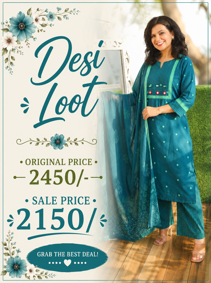 Radhika Teal Mirror Work South Cotton 3 Piece Set
