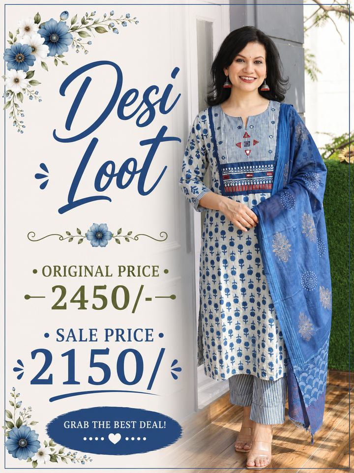 Rushali Iced Blue Dabu Printed 3 Piece Set