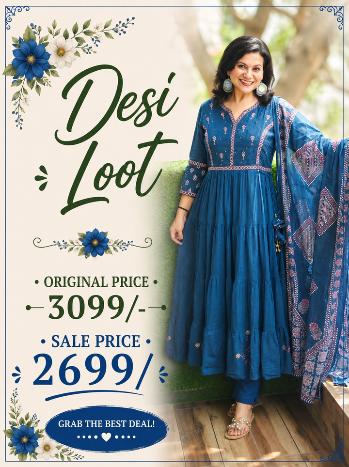 Ella Cerulean Teal A-Line Cotton 3 Piece Set