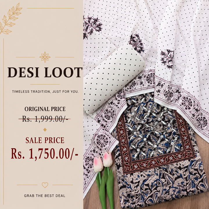 Nushrat Blue Black Kalamkari Printed Applique Cotton Set