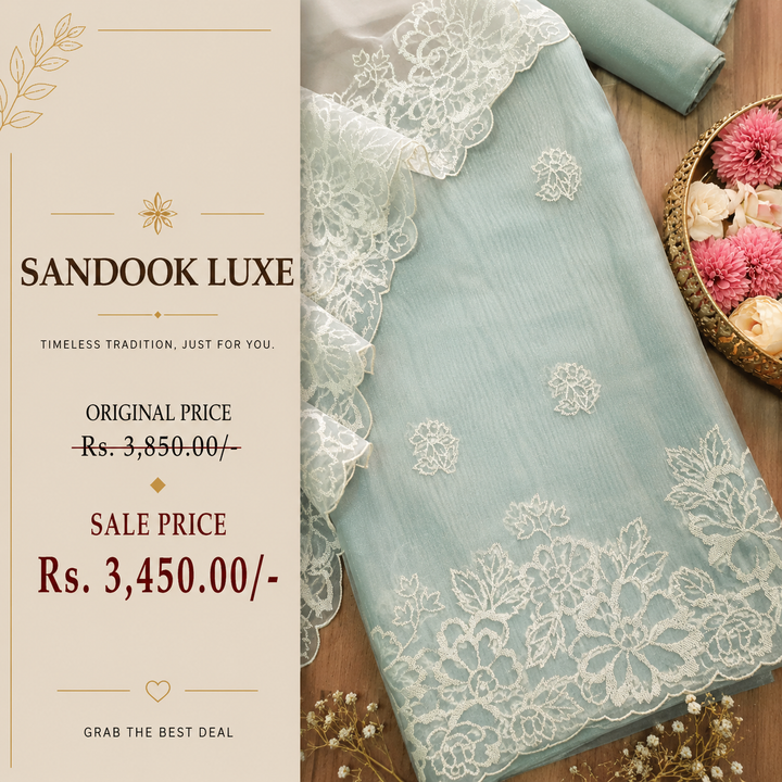 Ragini Castleton Mint Cross-Stitch Hem Work Glass Organza Set