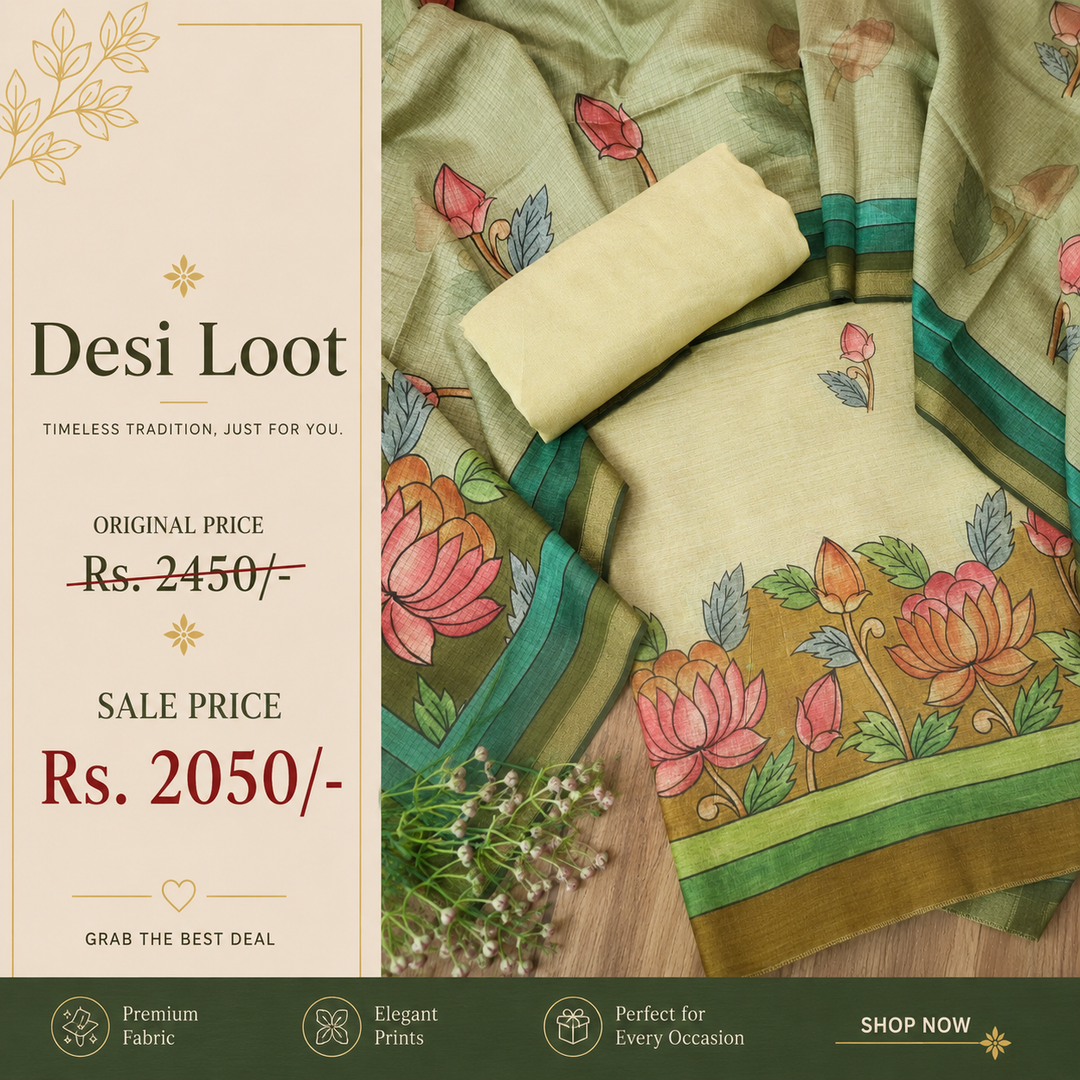 Yashfa Cream Beige Floral Print Maheswari Chanderi Set