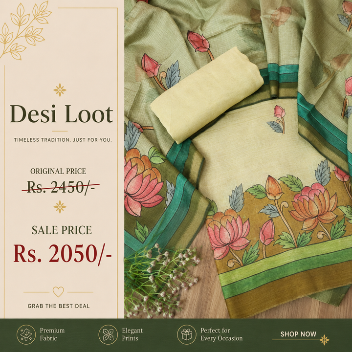 Yashfa Cream Beige Floral Print Maheswari Chanderi Set