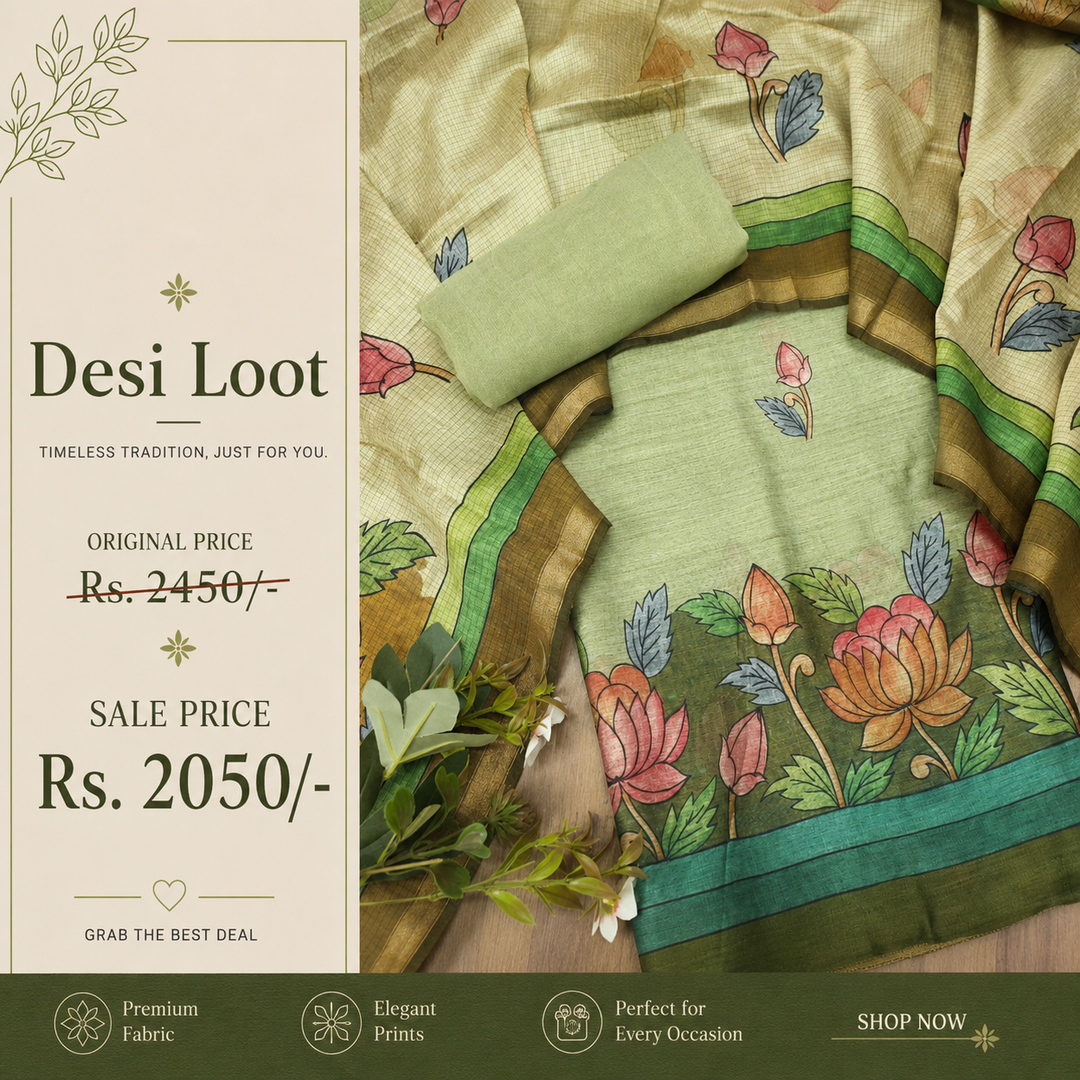 Yashfa Fern Green Floral Print Maheswari Chanderi Set