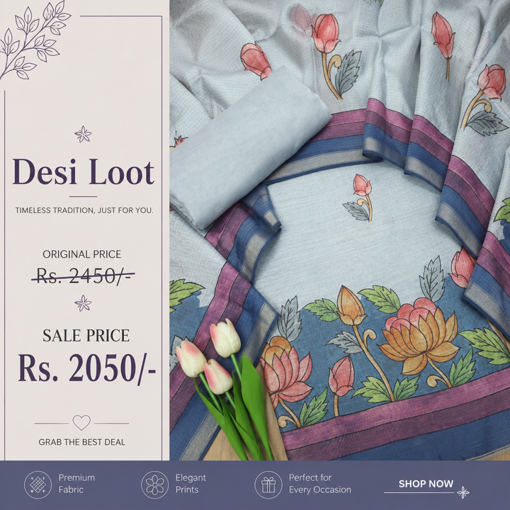 Yashfa Bluish Grey Floral Print Maheswari Chanderi Set