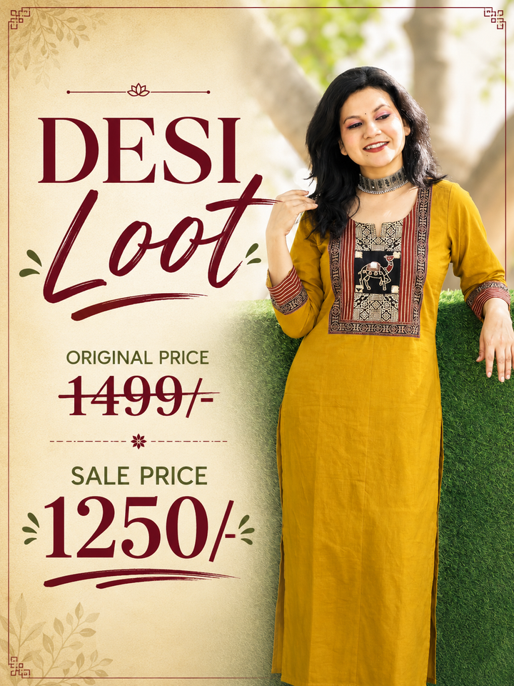 Megha Yellow Mirror Work Camel Yoke Cotton Kurti