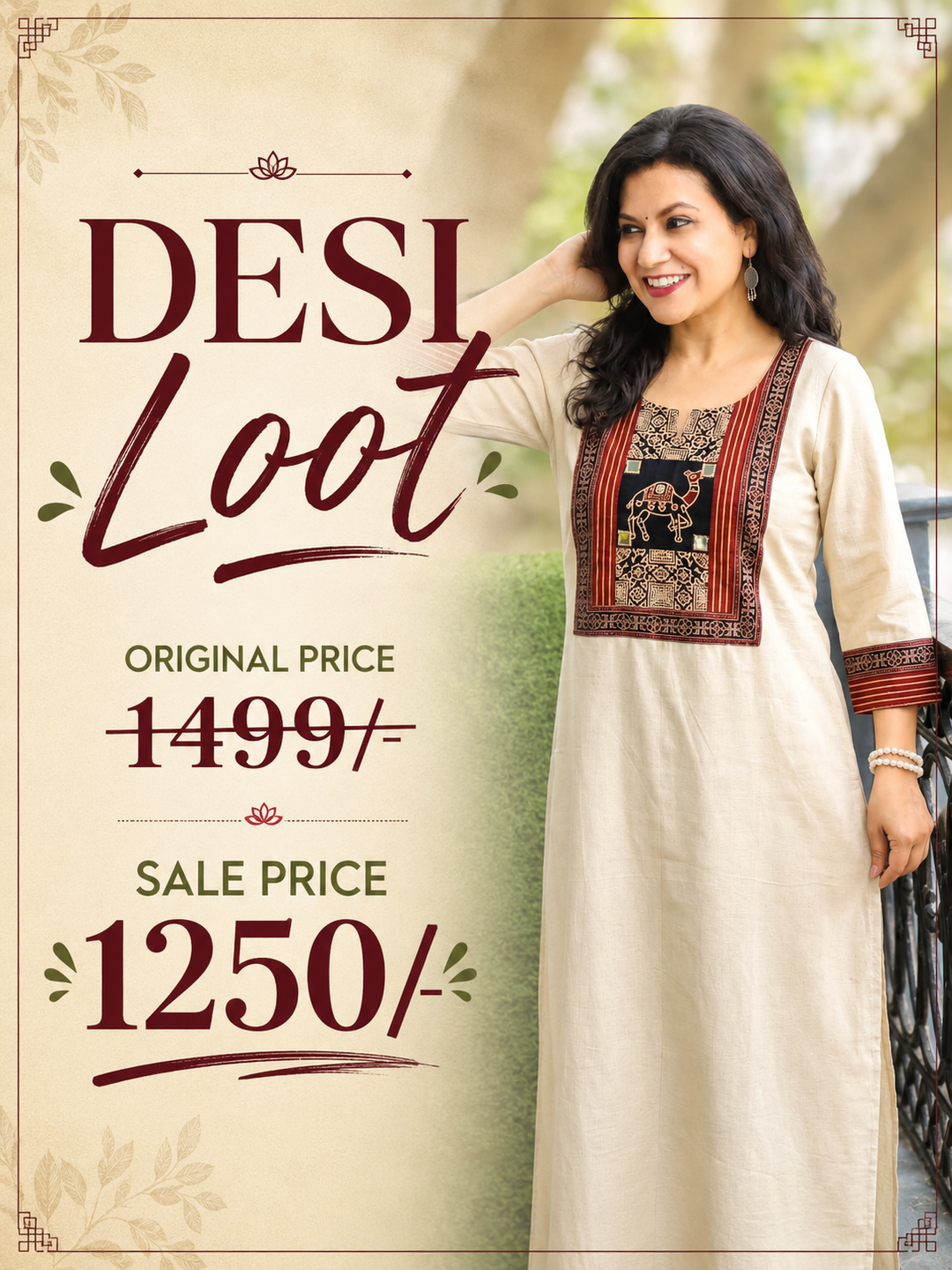 Megha Shwll White Mirror Work Camel Yoke Cotton Kurti