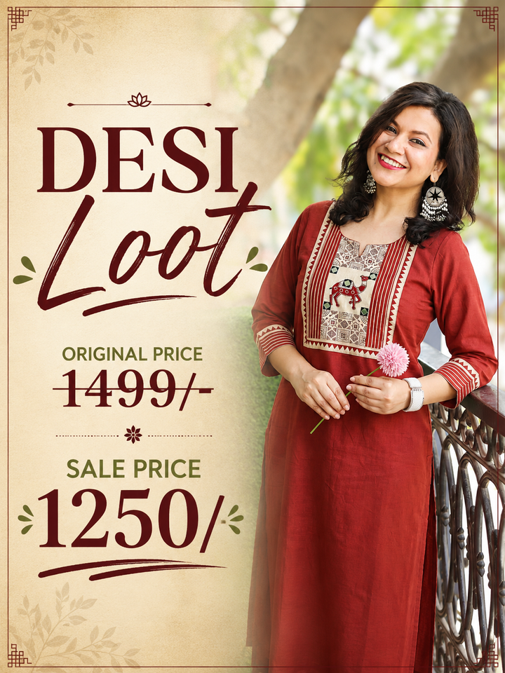 Megha Barn Maroon Mirror Work Camel Yoke Cotton Kurti