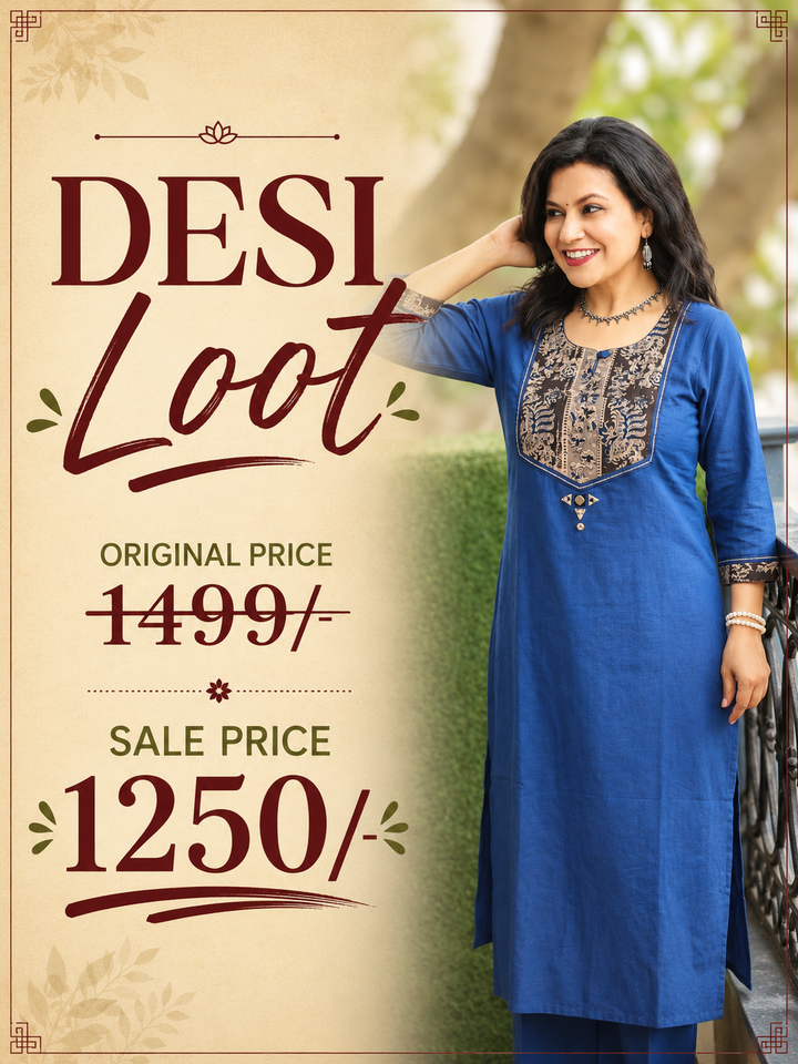 Kanak Royal Blue Kalamkari Printed Yoke Cotton Kurti