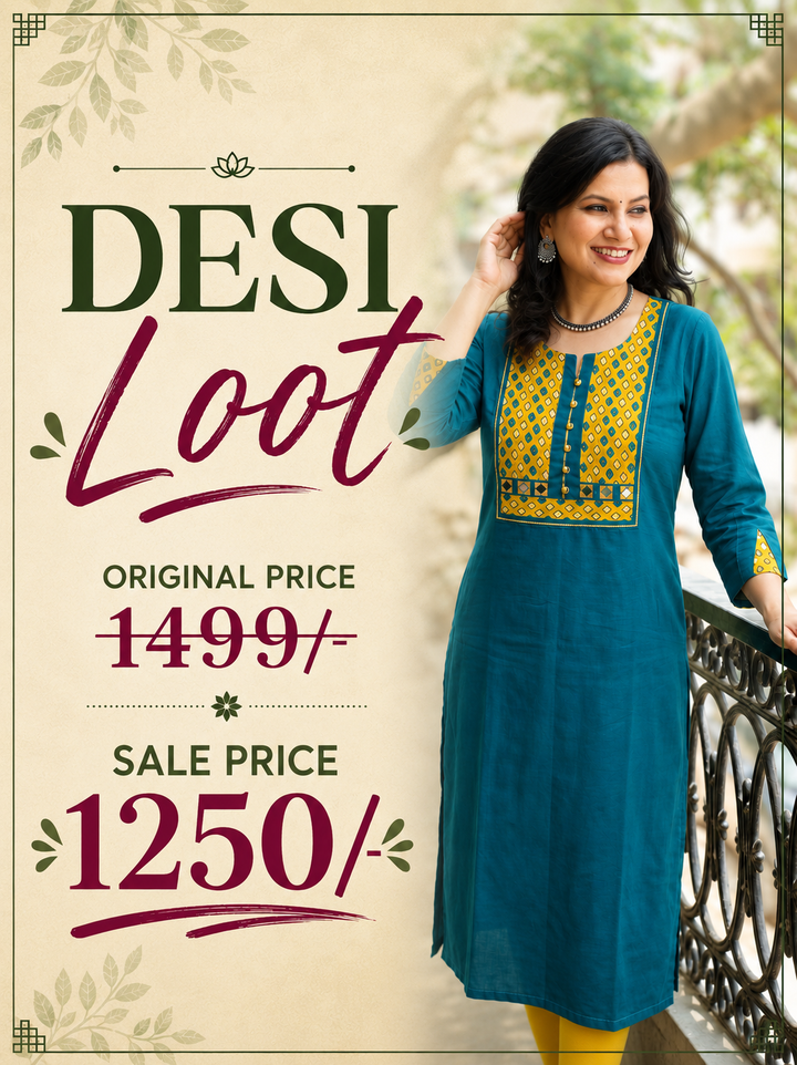 Sridevi Teal Potli with Mirror Ajrak Yoke Cotton Kurti