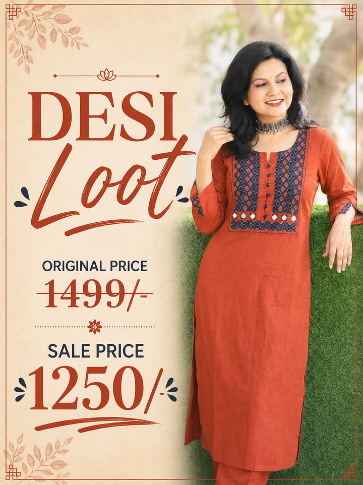Sridevi Rust Orange Potli with Mirror Ajrak Yoke Cotton Kurti