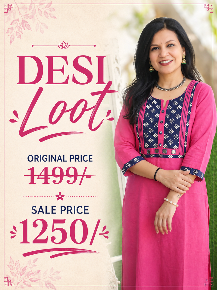 Sridevi Magenta Pink Potli with Mirror Ajrak Yoke Cotton Kurti