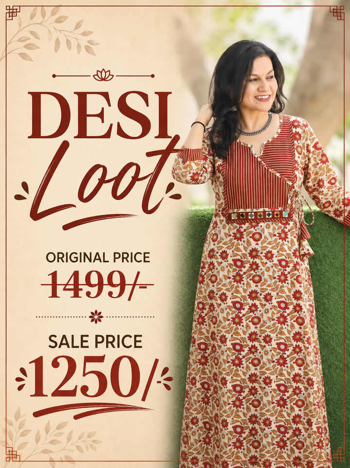 Jugni Beige Rust Stripe Angrakha Yoke Kalamkari Cotton Kurti