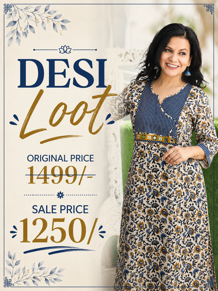 Jugni Navy Blue Stripe Angrakha Yoke Kalamkari Cotton Kurti