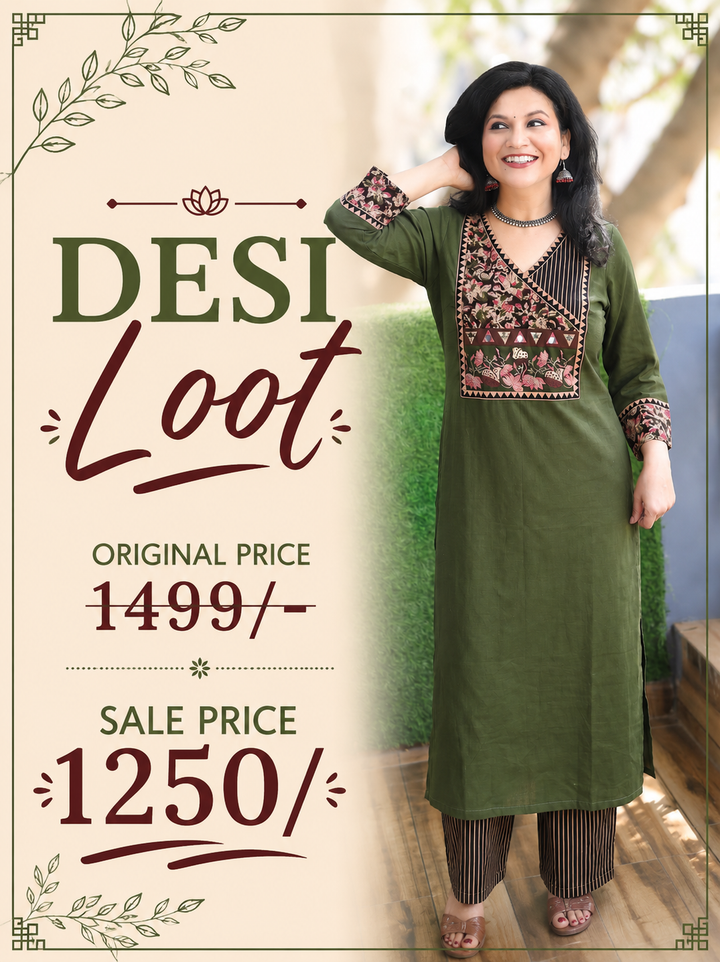 Sayami Green Kalamkari Angrakha Cotton Kurti