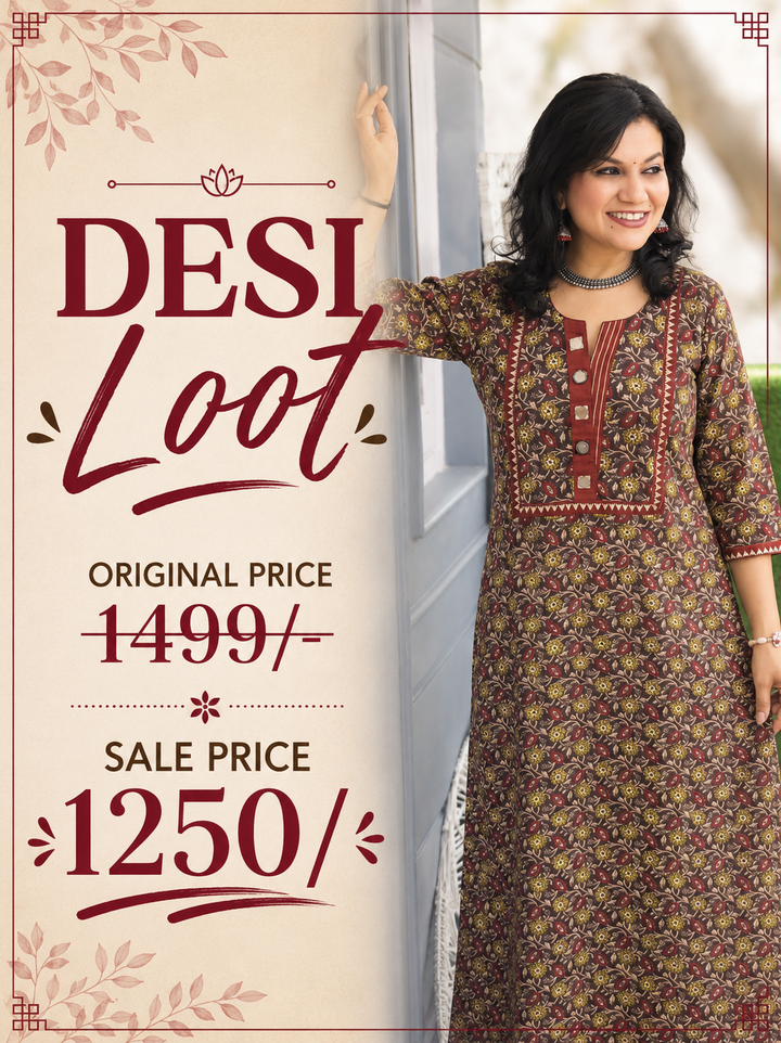 Rajashvi Choco Brown Mirror Work Yoke Cotton Kurti