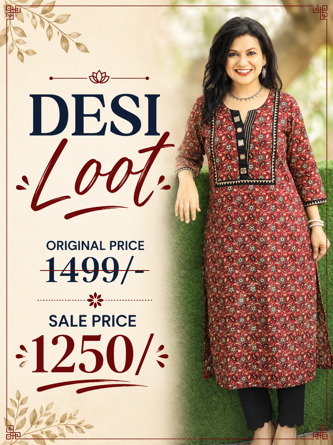 Rajashvi Maroon Red Mirror Work Yoke Cotton Kurti