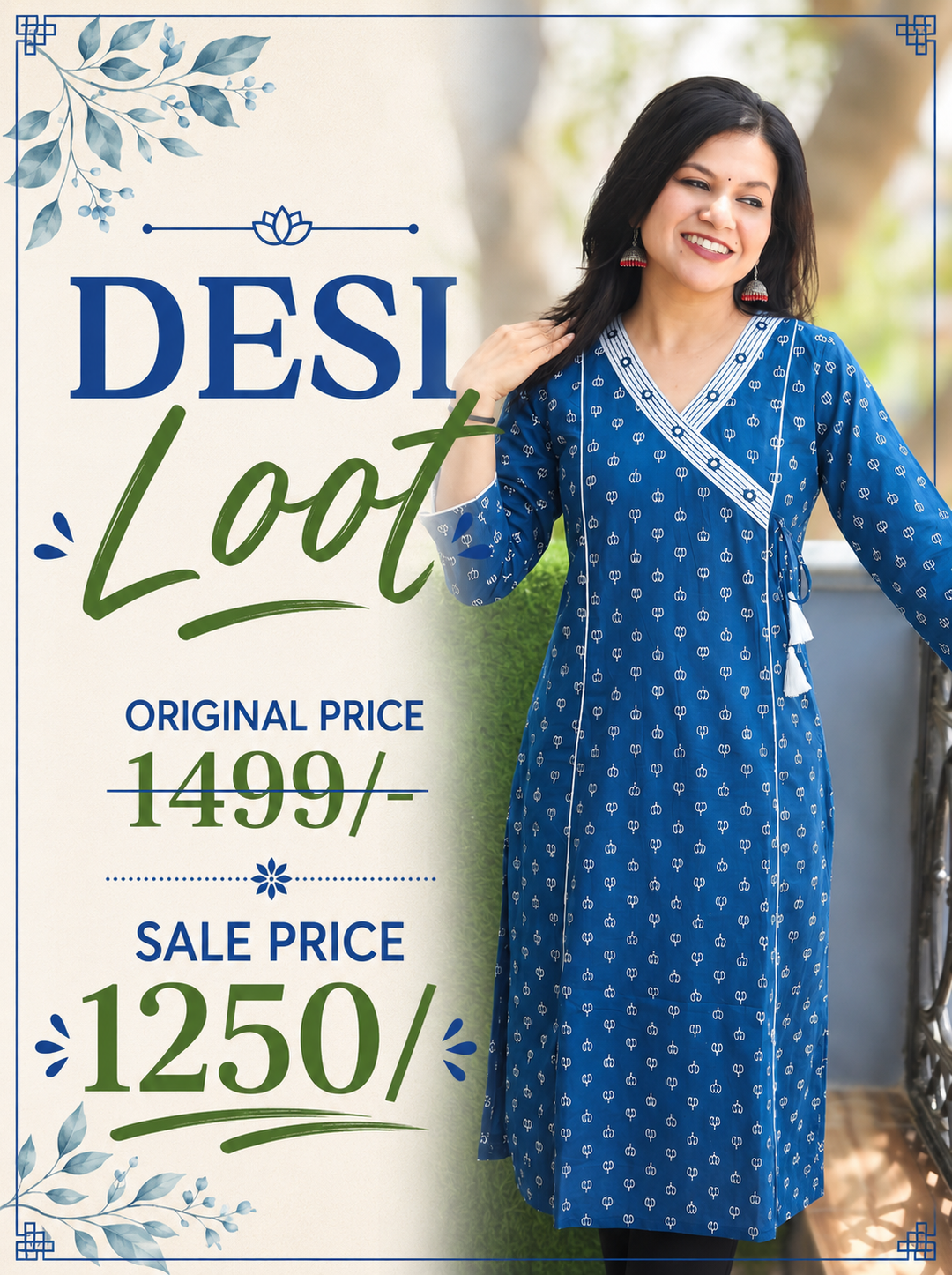 Varsha Sapphire Blue Angrakha Lotus Panel Cotton Kurti