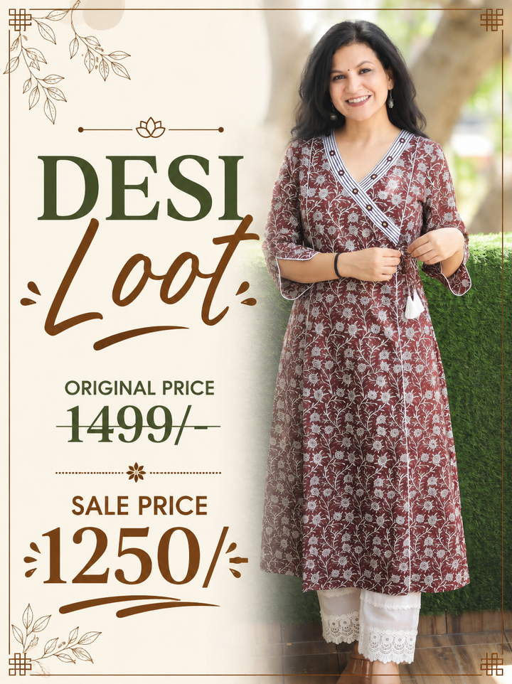 Varsha Mahogany Wine Angrakha Floral Panel Cotton Kurti