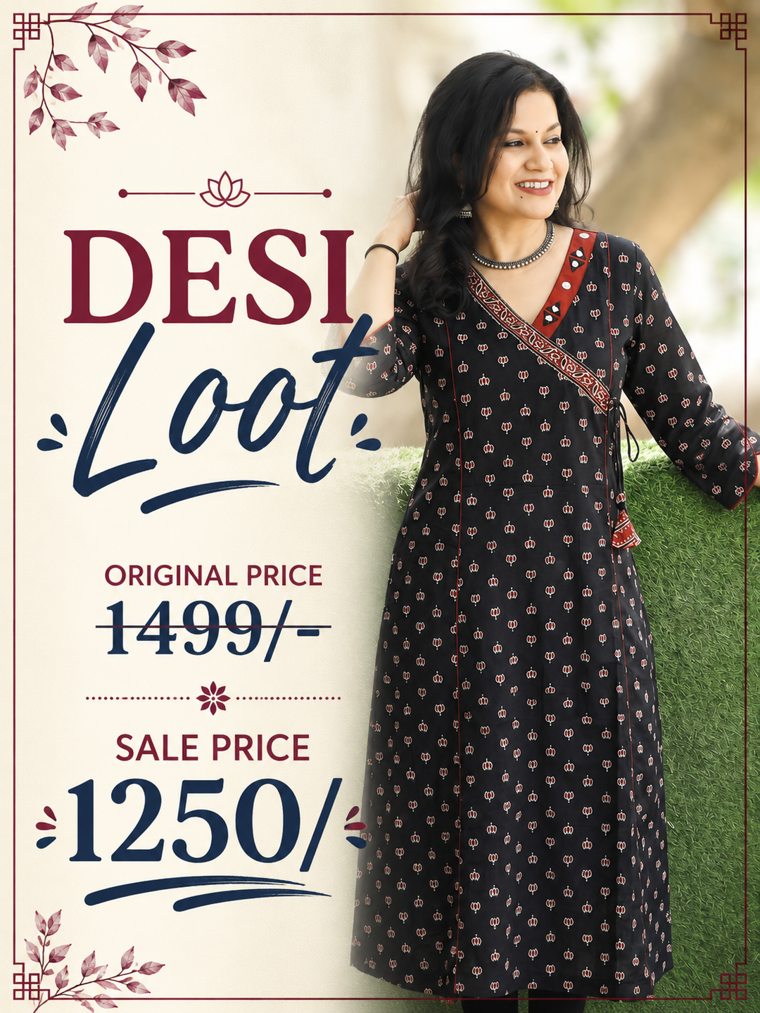 Varsha Ebony Black Angrakha Lotus Panel Cotton Kurti