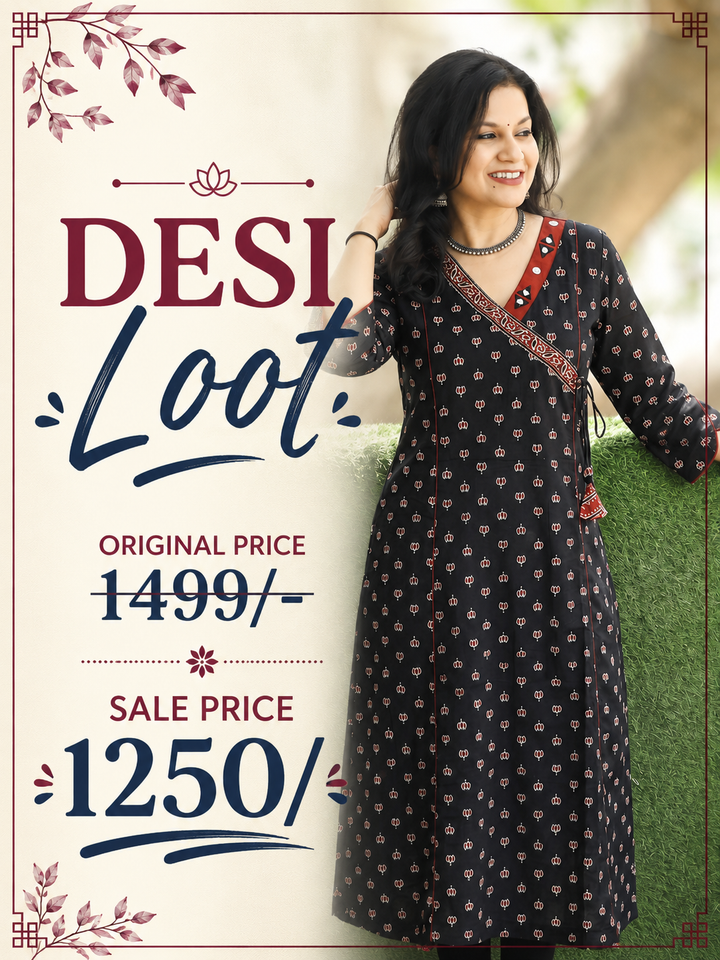 Varsha Ebony Black Angrakha Lotus Panel Cotton Kurti