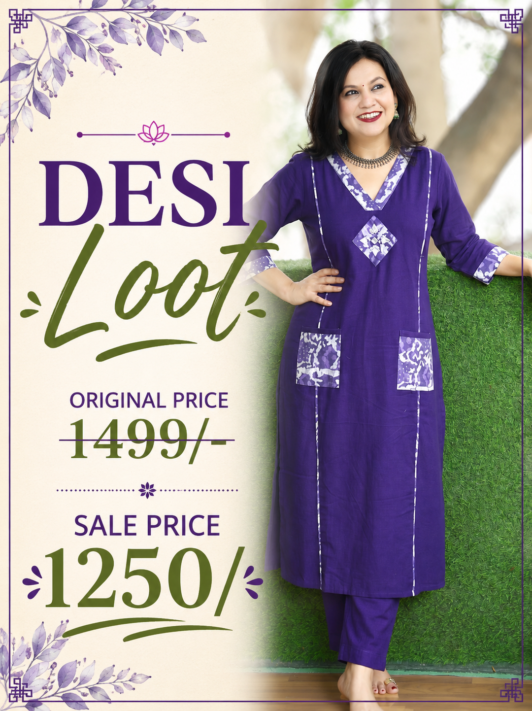 Rimjim Violet Purple Panel Style Dabu Cotton Kurti