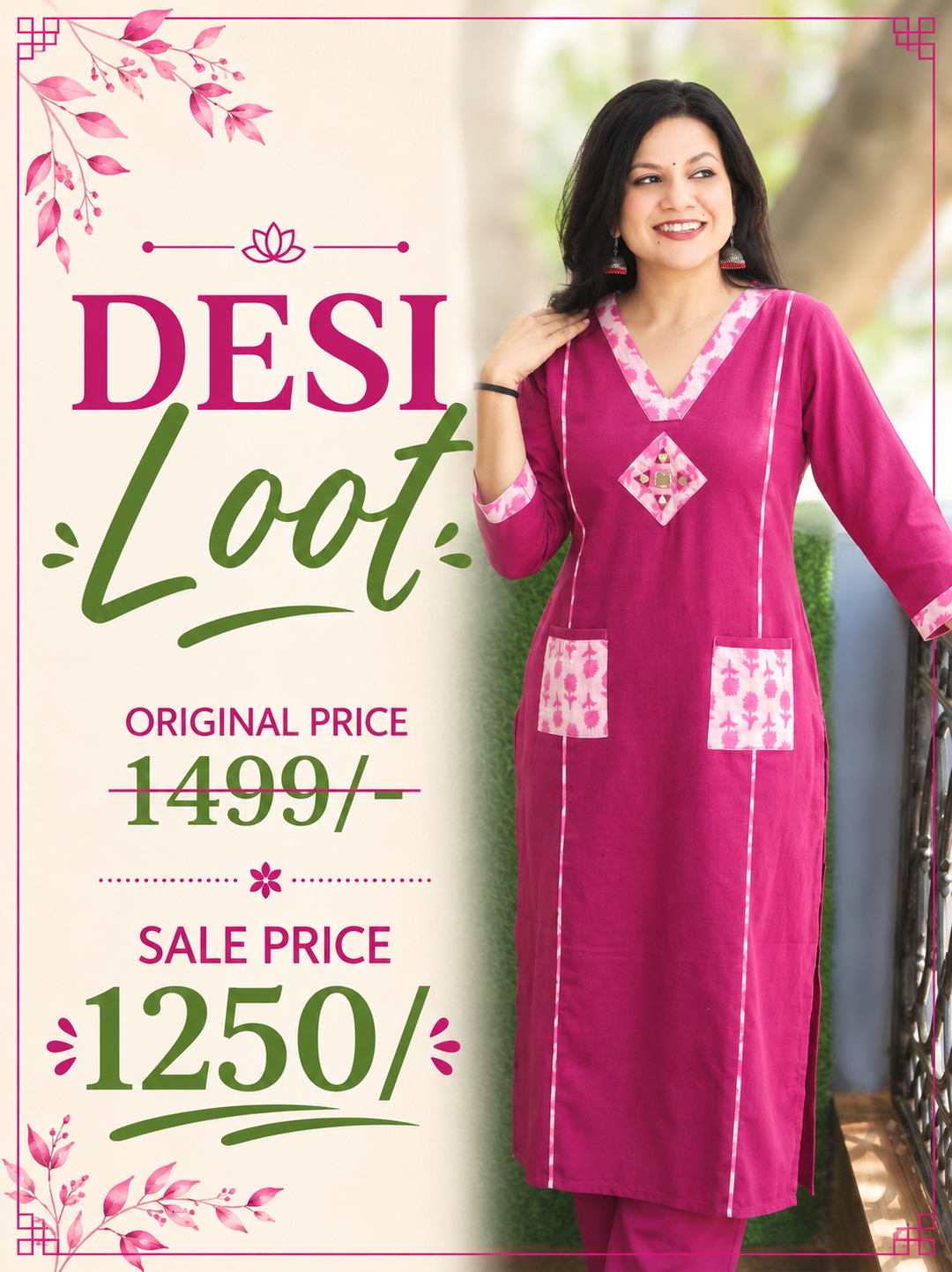 Rimjim Magenta Purple Panel Style Dabu Cotton Kurti