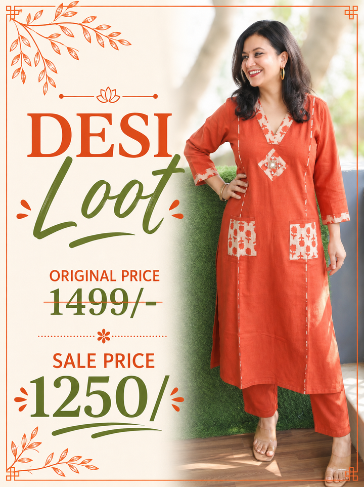 Rimjim Rust Orange Panel Style Dabu Cotton Kurti