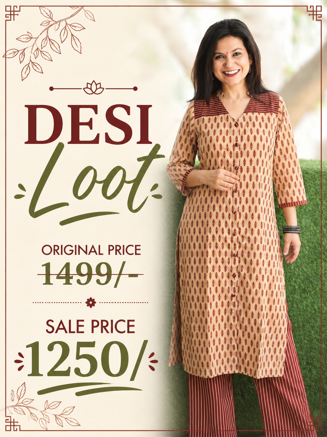 Raina Beige Red Button Down Ajrak Cotton Kurti