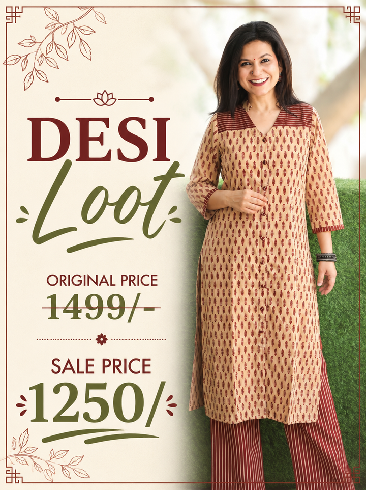 Raina Beige Red Button Down Ajrak Cotton Kurti