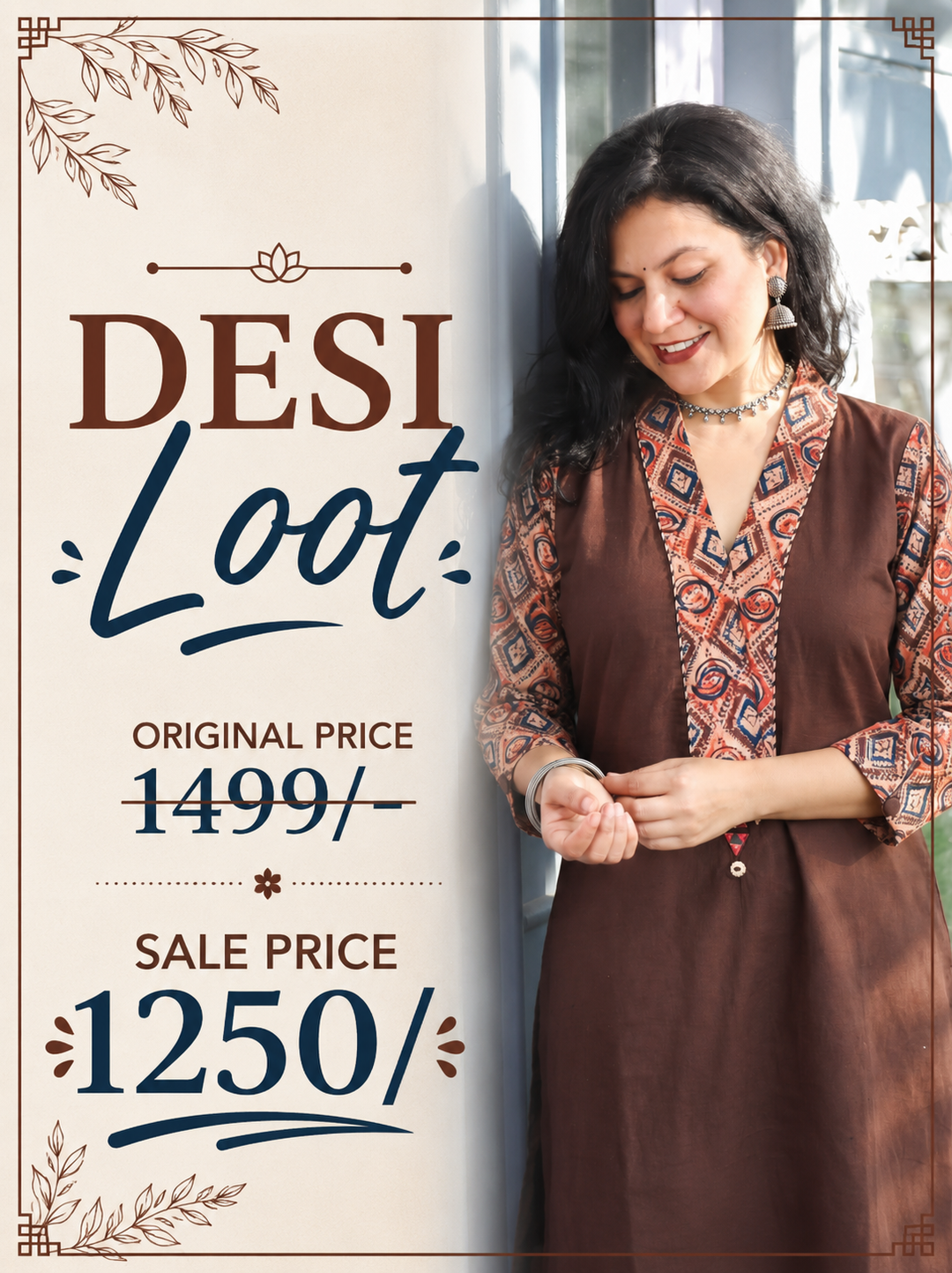 Barsha Brown Kalamkari V Neck Cotton Kurti