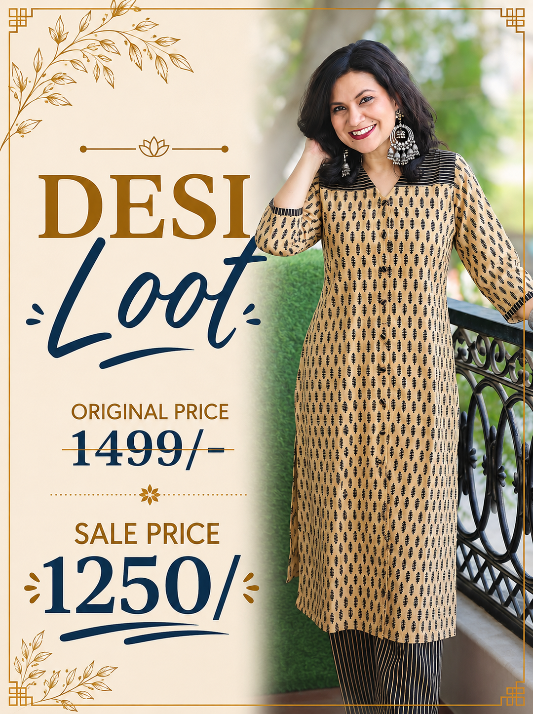 Raina Beige Black Button Down Ajrak Cotton Kurti