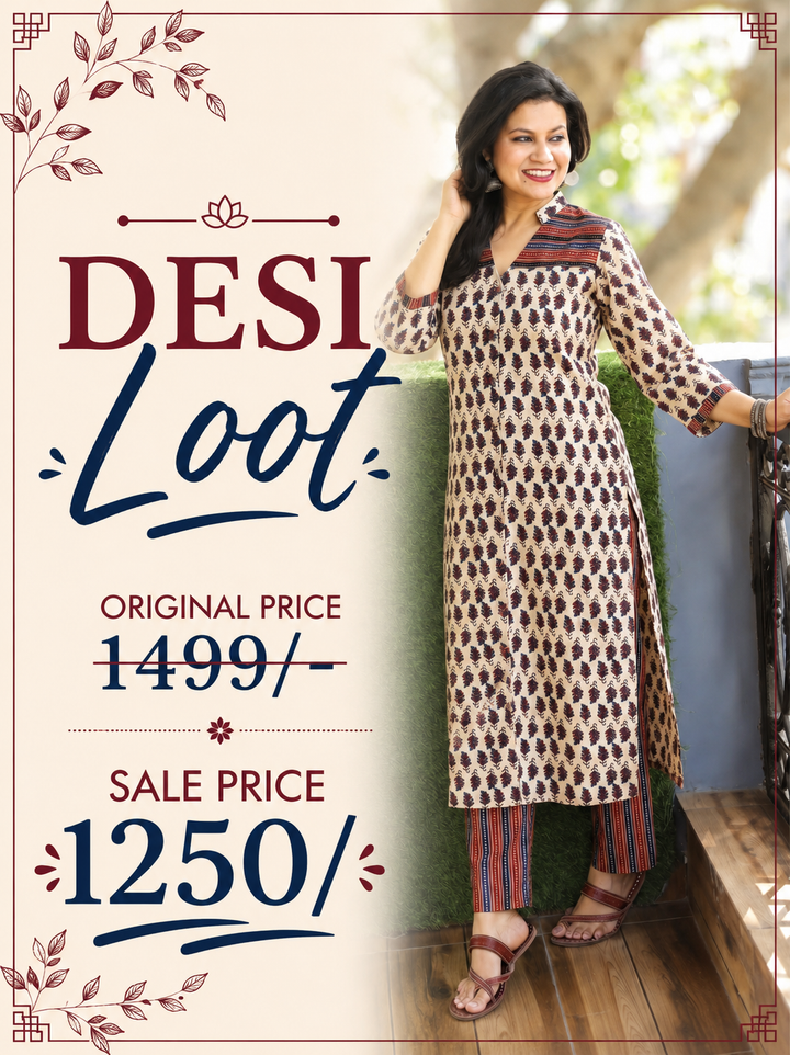 Raina Sand Beige Button Down Ajrak Cotton Kurti