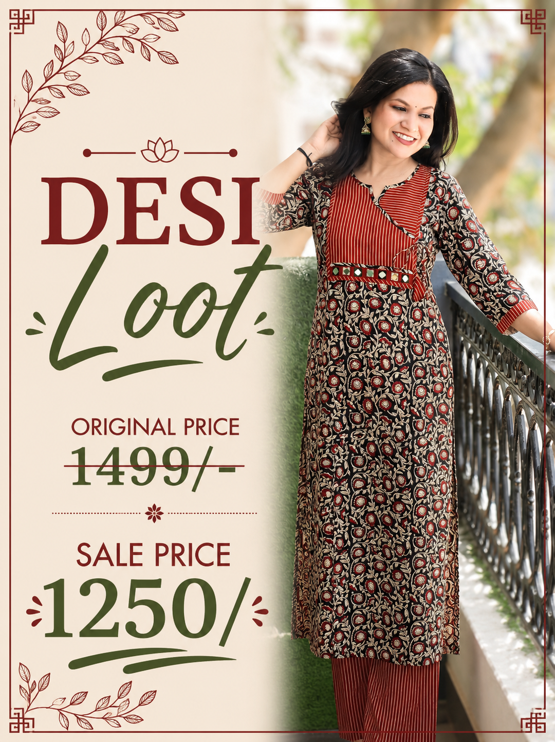 Jugni Oil Black Stripe Angrakha Yoke Kalamkari Cotton Kurti