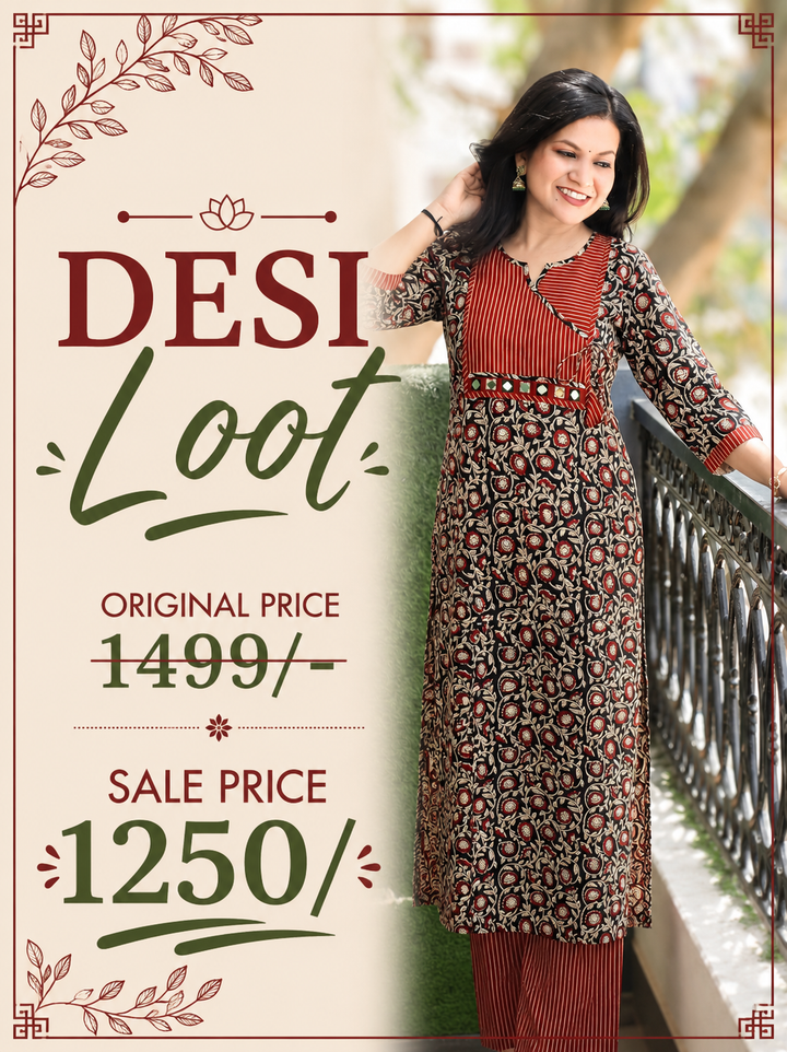Jugni Oil Black Stripe Angrakha Yoke Kalamkari Cotton Kurti