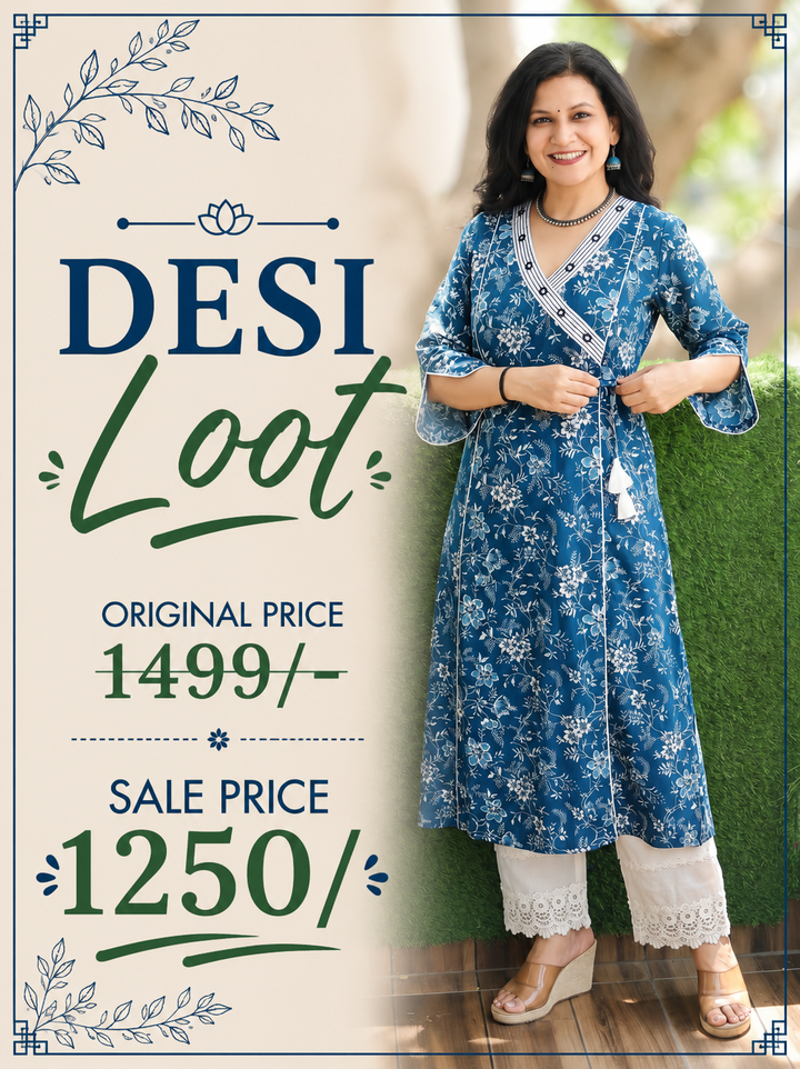 Varsha Indie Blue Angrakha Floral Panel Cotton Kurti