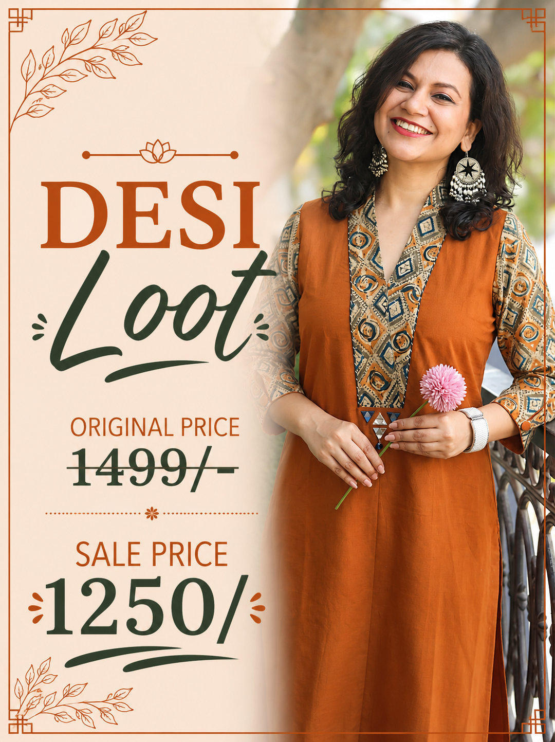 Barsha Burnt Orange Kalamkari V Neck Cotton Kurti