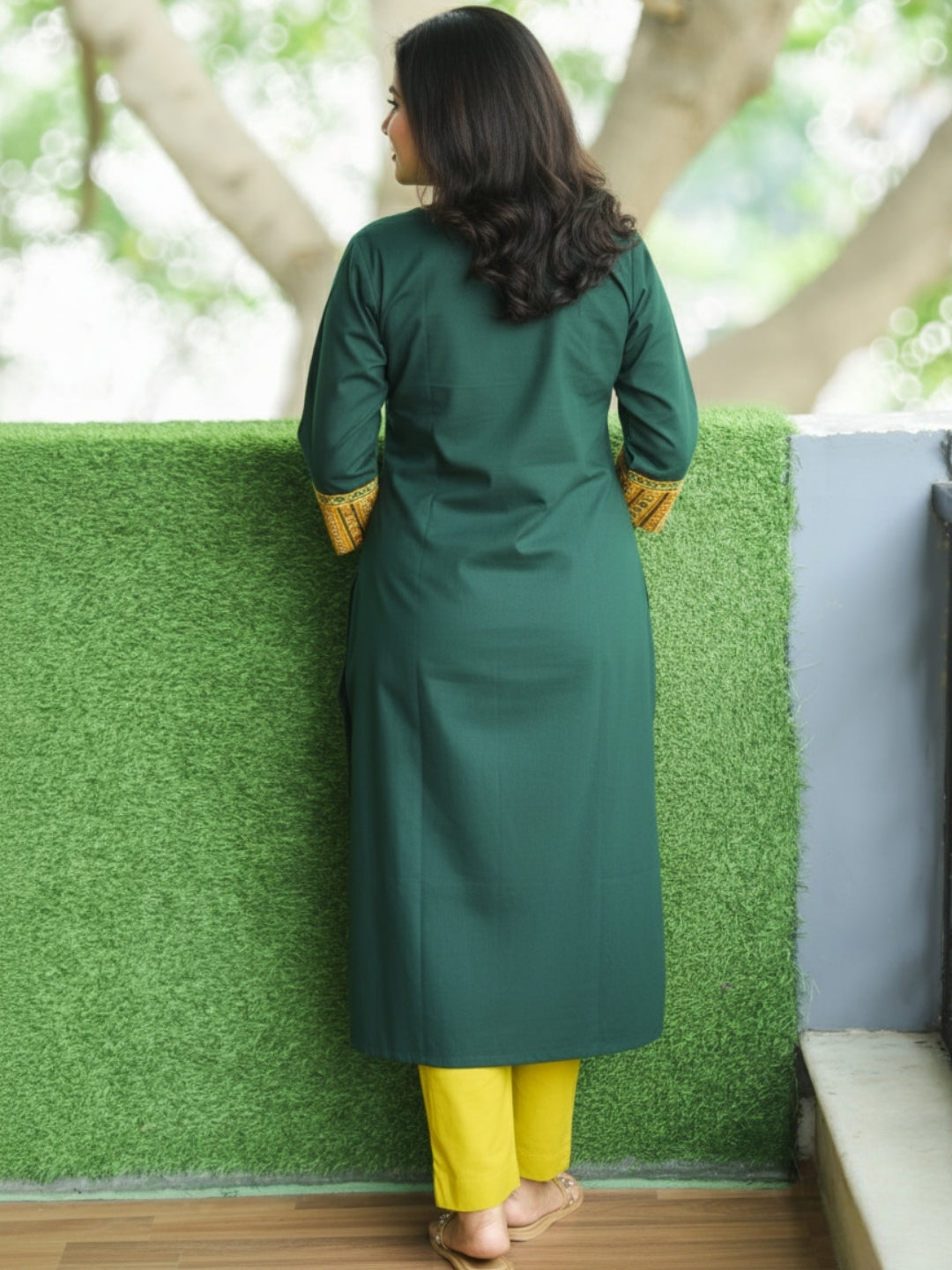 Gulkand Green V Neck Panel Cotton Kurti Embroidered Patch with Mirror Hanging on Pocket