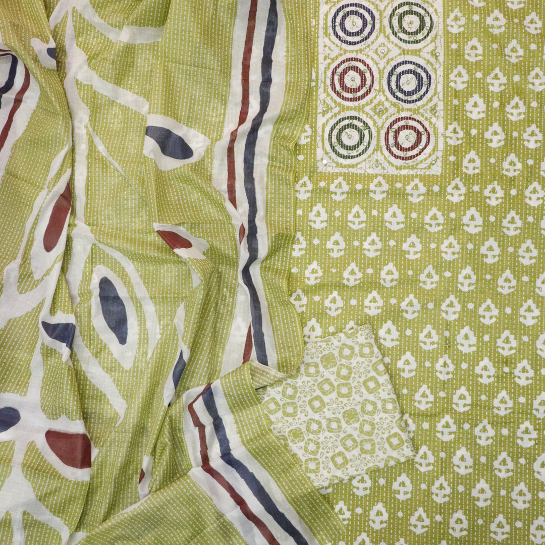 Chaahak Fern Green Patra Detailing in Batik Floral Printed Cotton Suit Set