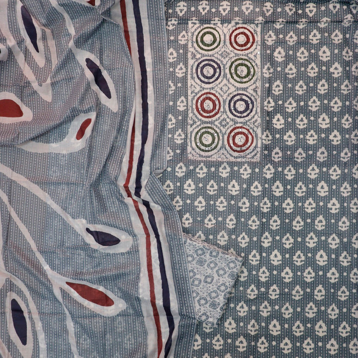 Chaahak Fossil Grey Patra Detailing in Batik Floral Printed Cotton Suit Set