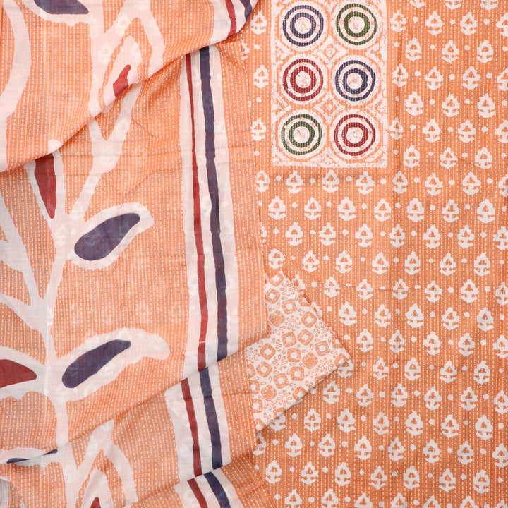 Chaahak Peach Coral Patra Detailing in Batik Floral Printed Cotton Suit Set