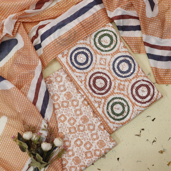 Chaahak Peach Coral Patra Detailing in Batik Floral Printed Cotton Suit Set