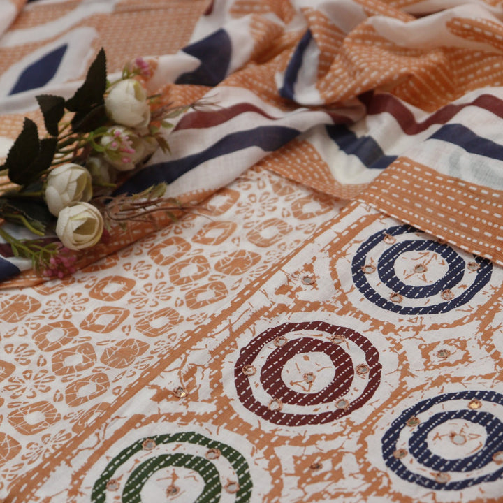 Chaahak Peach Coral Patra Detailing in Batik Floral Printed Cotton Suit Set
