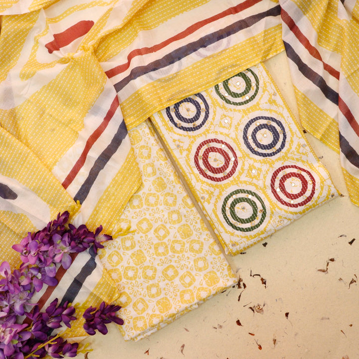 Chaahak Corn Yellow Patra Detailing in Batik Floral Printed Cotton Suit Set