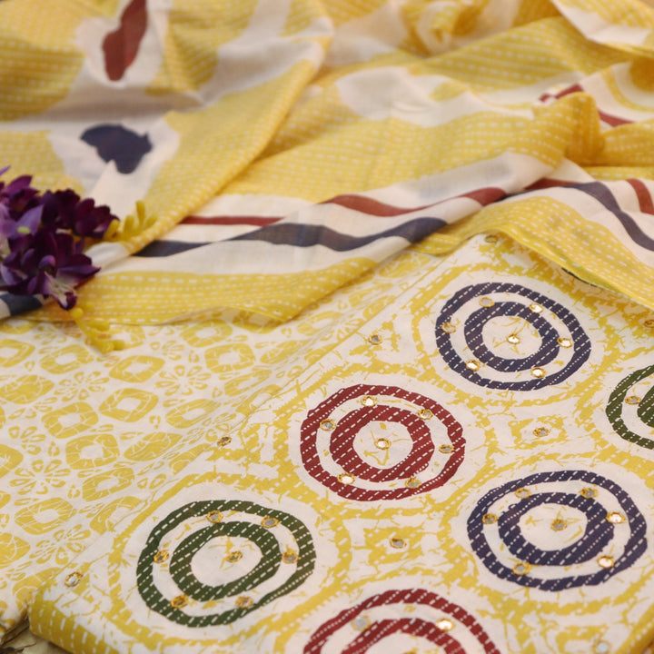 Chaahak Corn Yellow Patra Detailing in Batik Floral Printed Cotton Suit Set