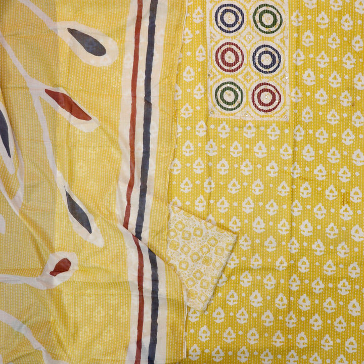 Chaahak Corn Yellow Patra Detailing in Batik Floral Printed Cotton Suit Set